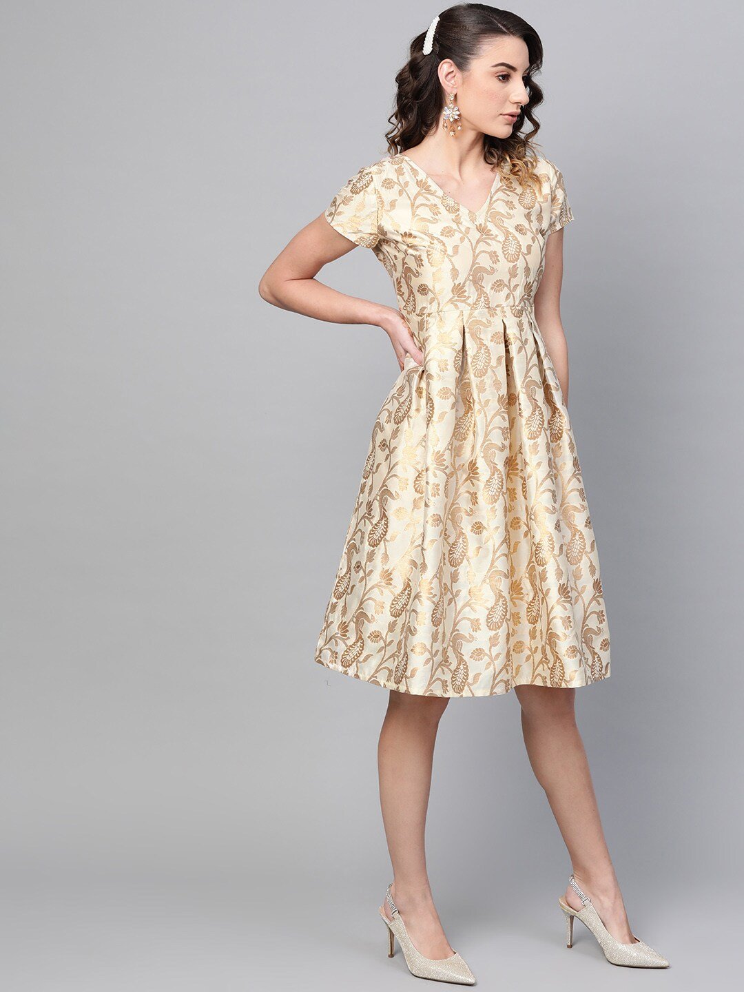 Women's  Beige & Golden Jacquard Self Design Fit and Flare Dress