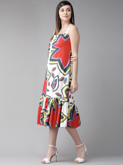 Women's  White & Red Printed A-Line Dress