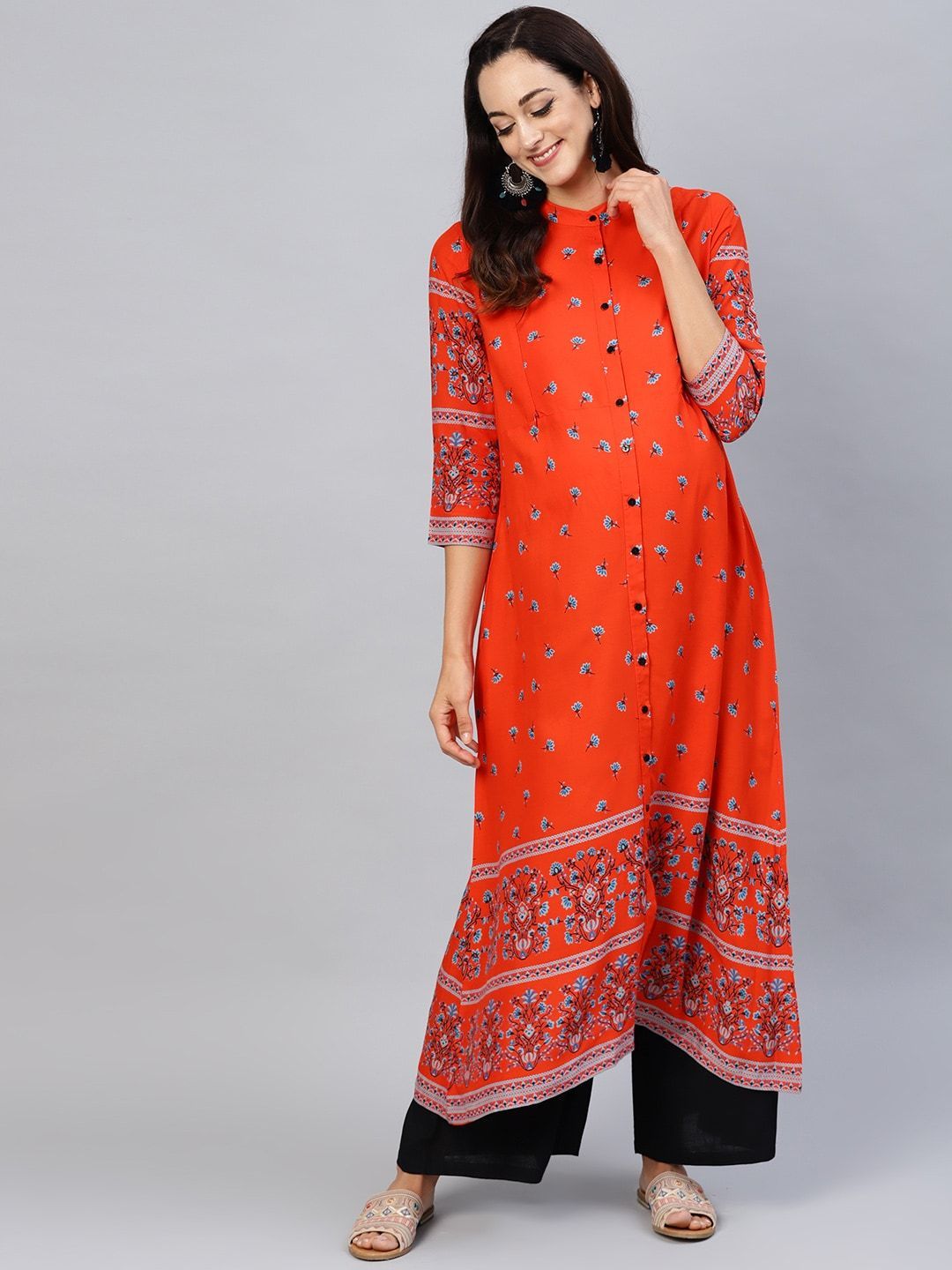 Women's  Orange & Teal Blue Printed A-Line Nursing Kurta