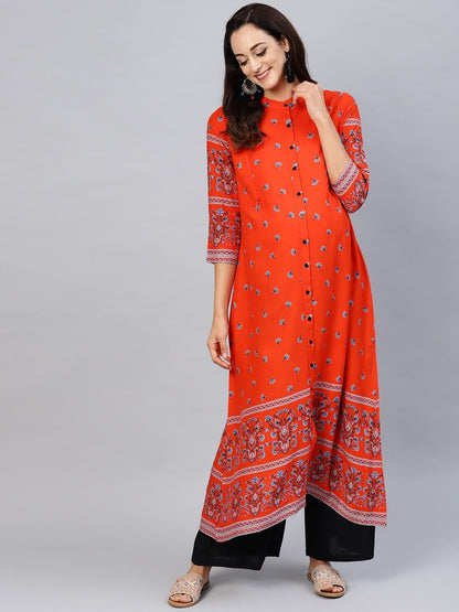 Women's  Orange & Teal Blue Printed A-Line Nursing Kurta