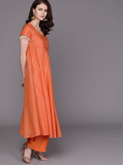Women's  Orange & Golden Checked Kurta with Palazzos & Dupatta