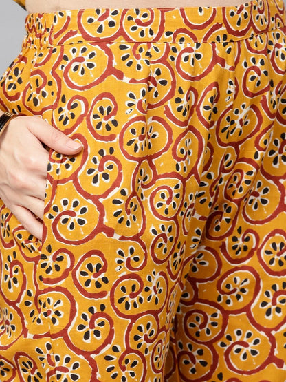 Women's  Mustard Yellow & Maroon Printed Kurta with Trousers
