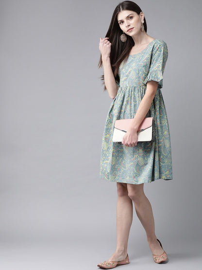 Women's  Blue & Yellow Printed A-Line Dress