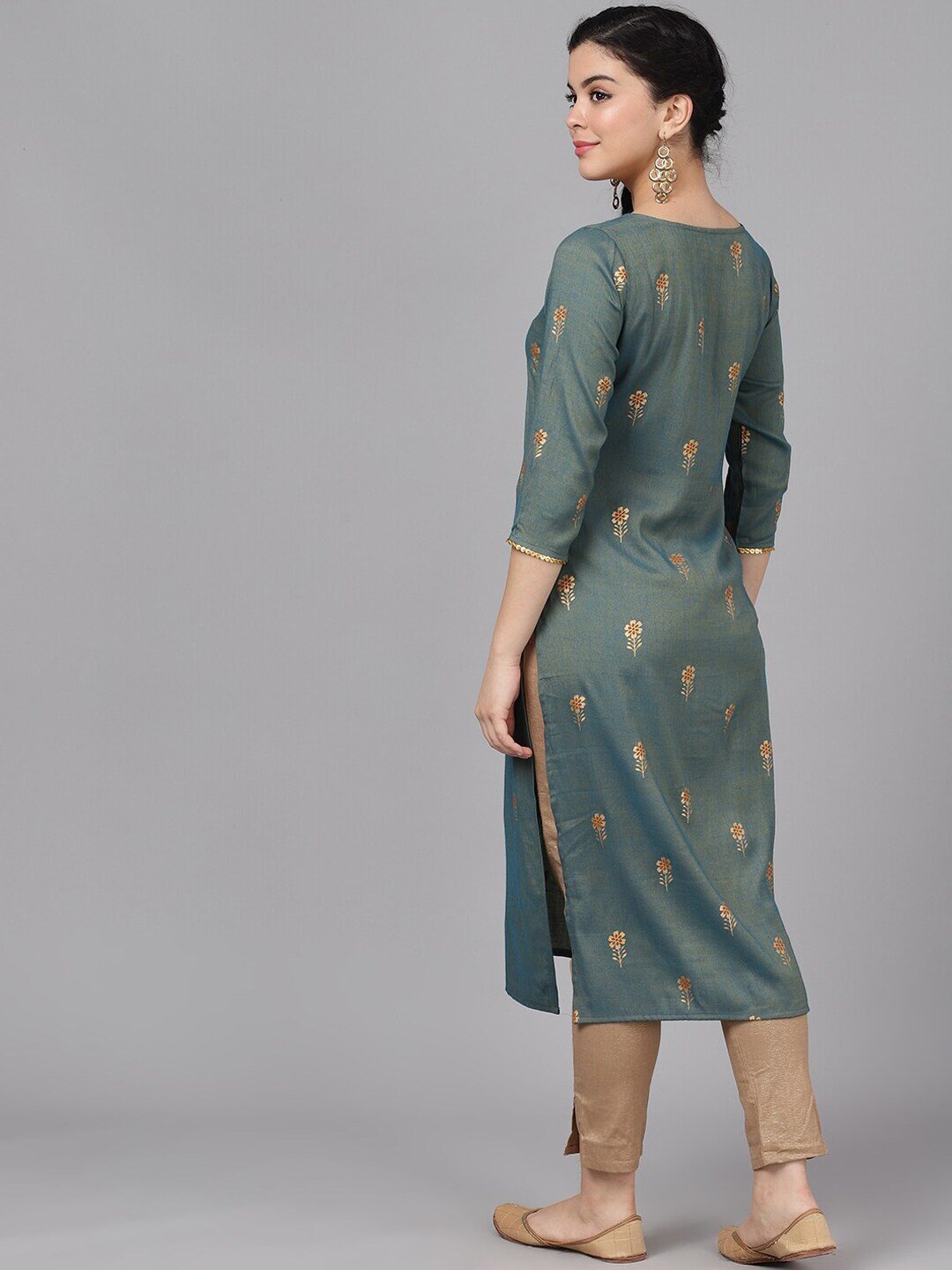 Women's  Green & Gold-Toned Printed A-Line Kurta