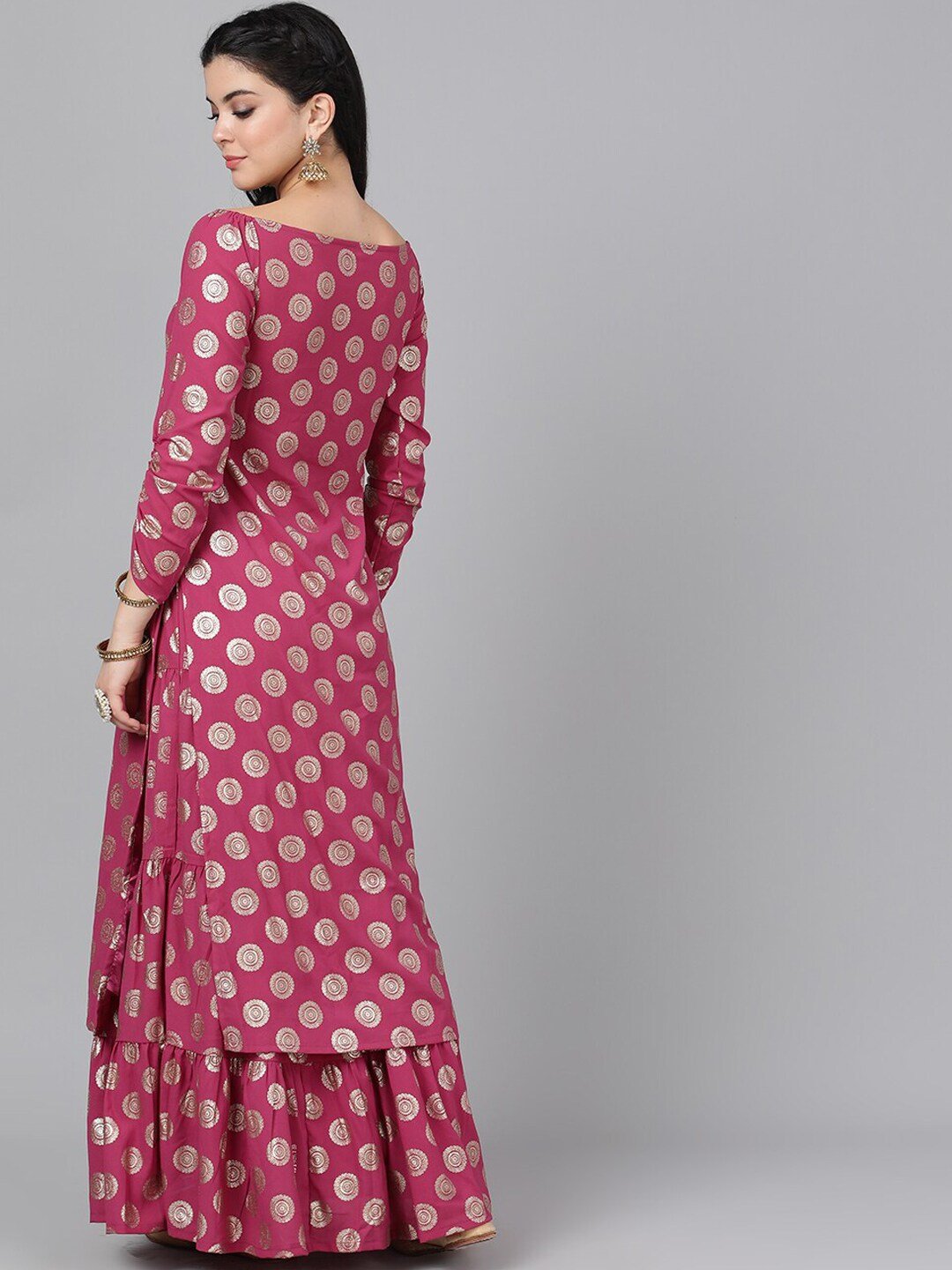 Women's  Magenta & Gold Foil Print Off-Shoulder Straight Kurta