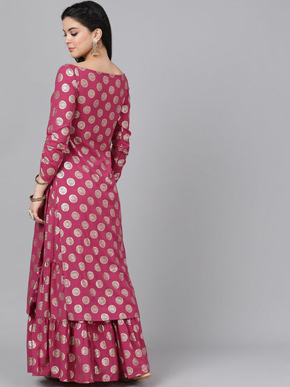 Women's  Magenta & Gold Foil Print Off-Shoulder Straight Kurta