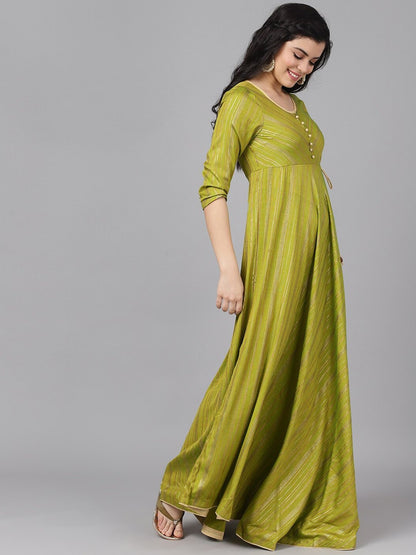 Women's  Green & Gold-Toned Striped Maxi Dress