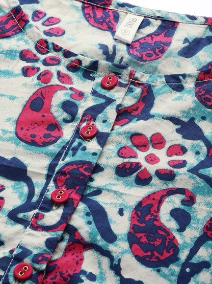Women's  Grey & Navy Blue Printed Straight Kurta
