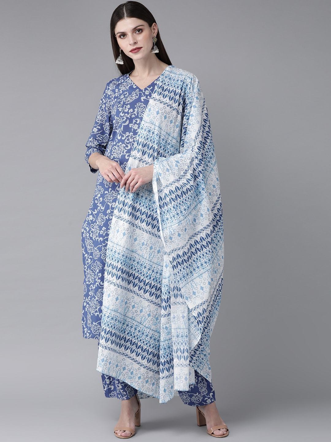 Women's  Blue & White Printed Kurta with Salwar & Dupatta