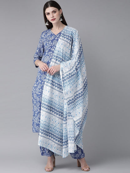 Women's  Blue & White Printed Kurta with Salwar & Dupatta