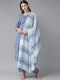 Women's  Blue & White Printed Kurta with Salwar & Dupatta