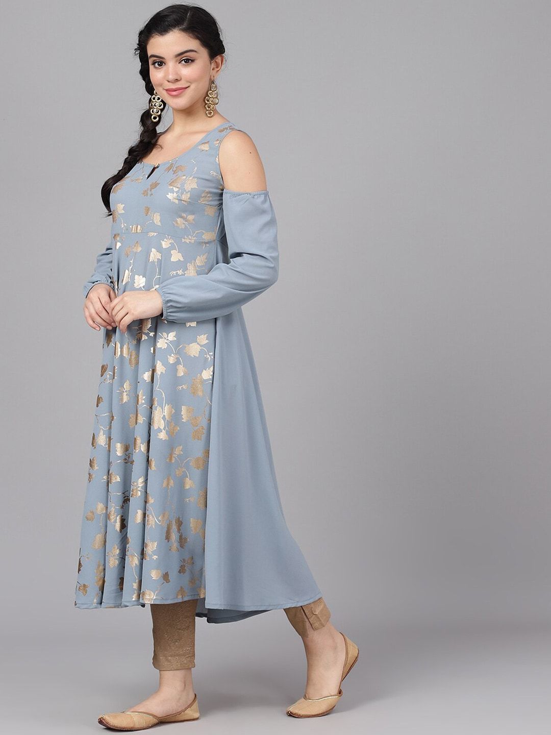 Women's  Grey & Gold-Toned Printed Anarkali Kurta