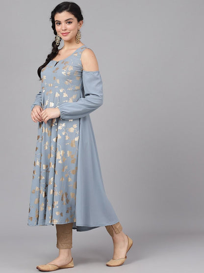 Women's  Grey & Gold-Toned Printed Anarkali Kurta