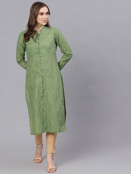 Women's  Green Striped Straight Kurta