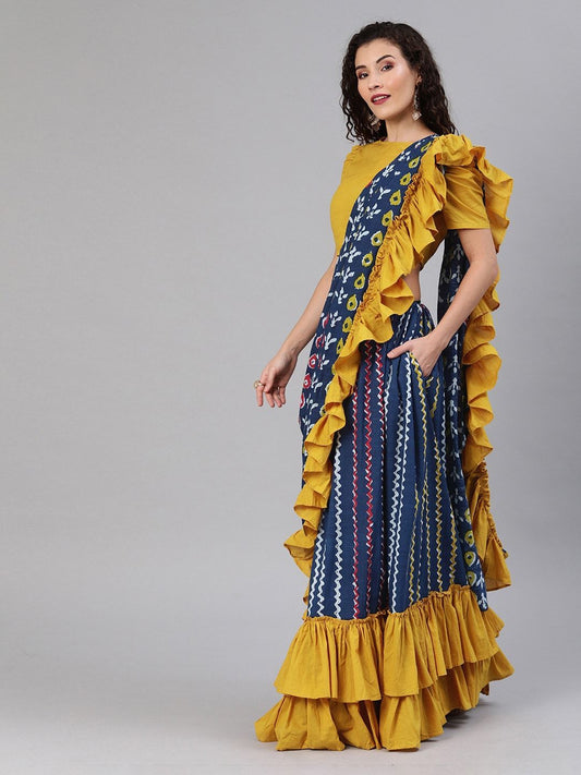 Women's Blue & Yellow Cotton Printed Saree With Wrap On Blouse
