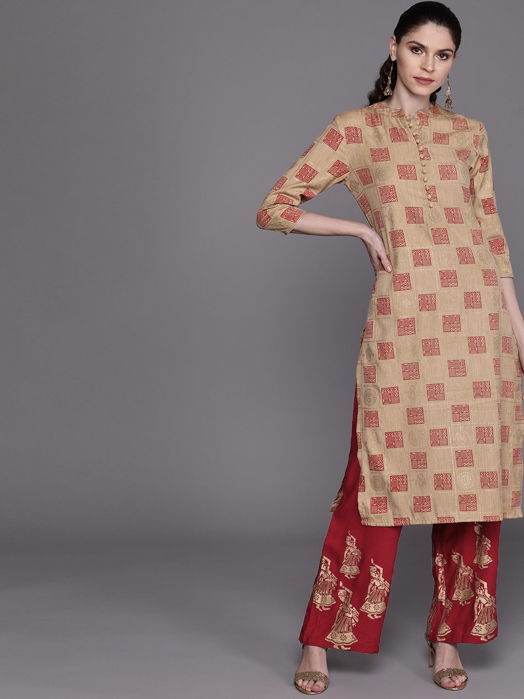 Women's  Beige & Maroon Printed Kurta with Palazzos