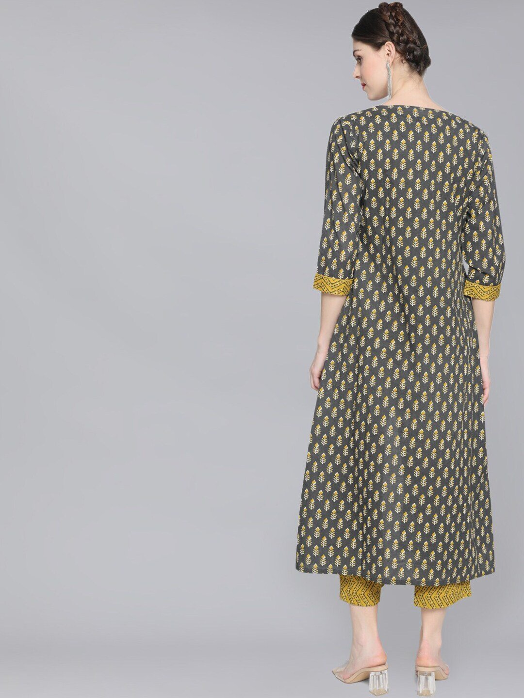 Women's Mustard & Grey Printed Top & Capri With Jacket