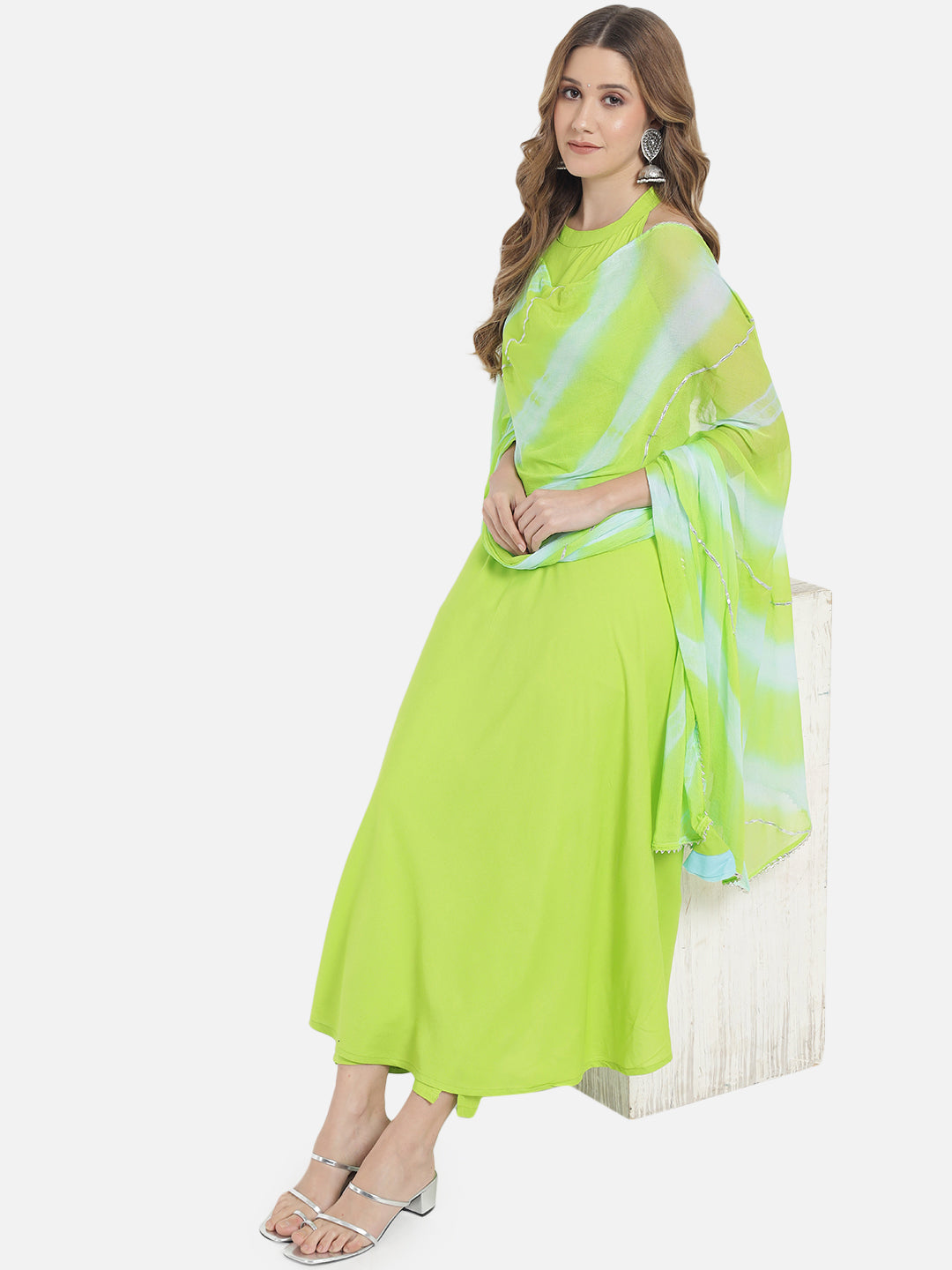 Women's Neon Green Solid Flared Kurta set with Dupatta