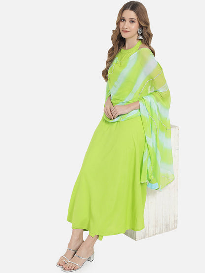 Women's Neon Green Solid Flared Kurta set with Dupatta