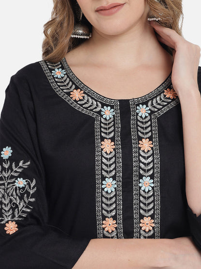 Women's Solid Black Embroidery Kurta Set with Dupatta