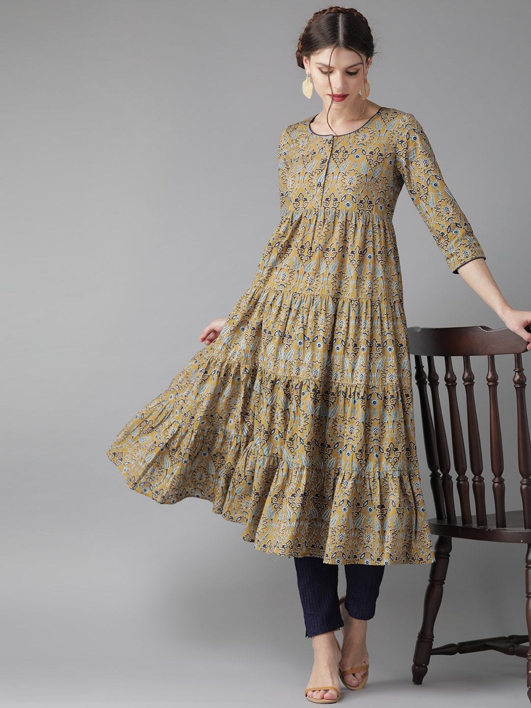 Women's  Beige & Blue Printed Tiered Anarkali Kurta