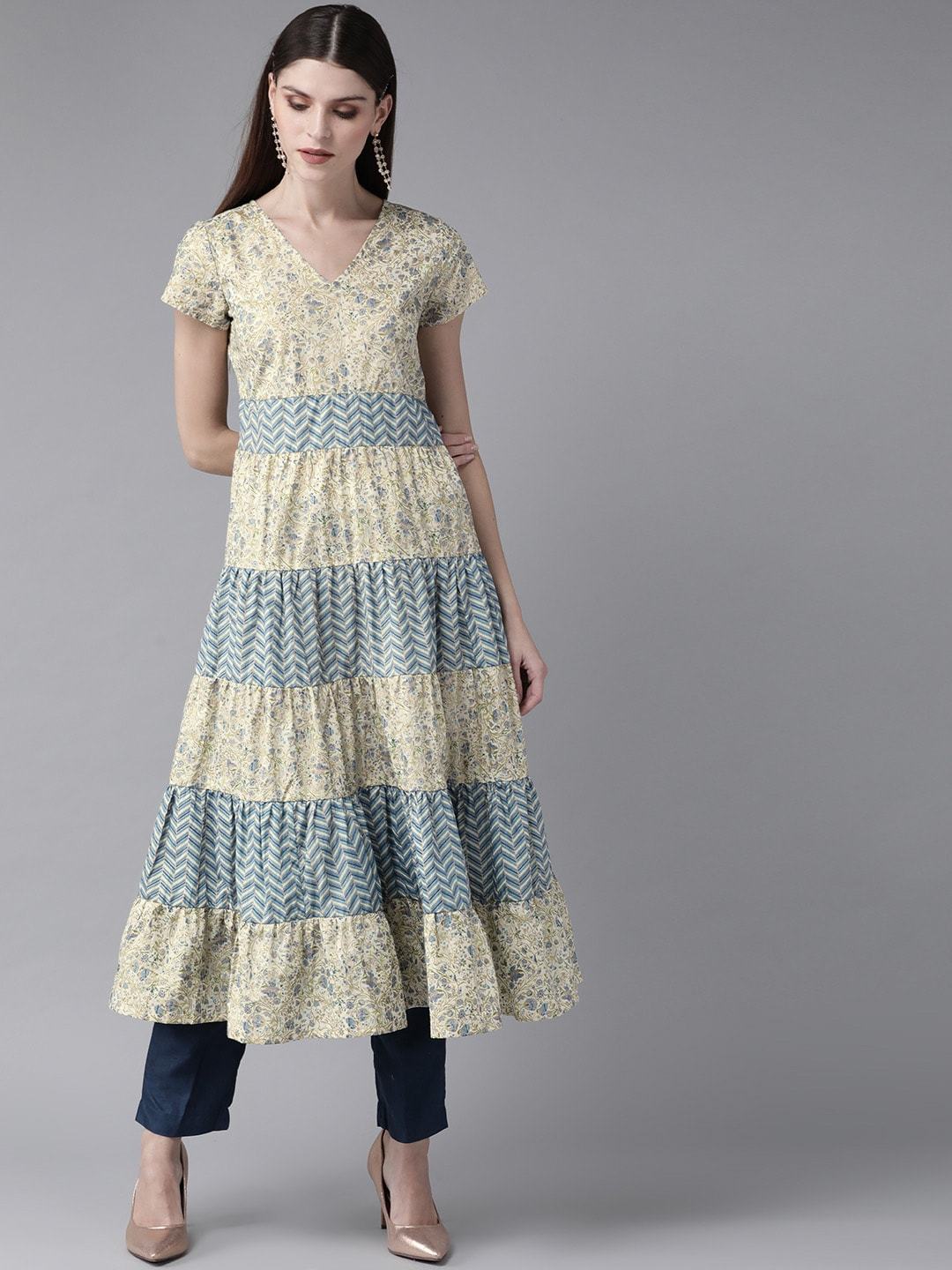 Women's  Cream-Coloured & Blue Kahri Print Tiered A-Line Kurta