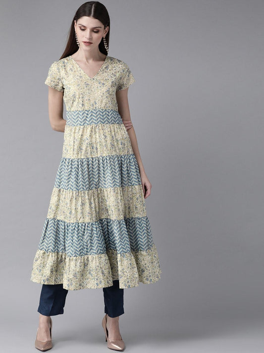 Women's  Cream-Coloured & Blue Kahri Print Tiered A-Line Kurta