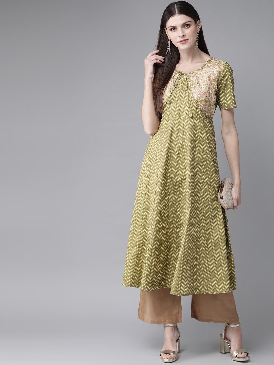 Women's  Green & Cream-Coloured Khari Print Layered A-Line Kurta