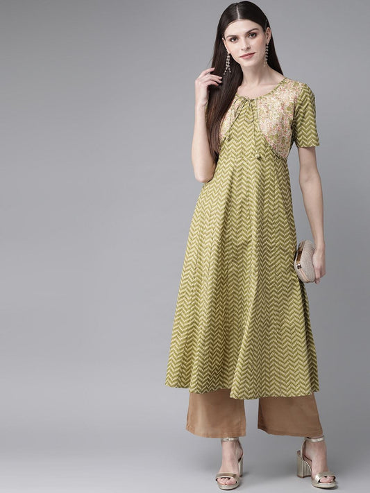 Women's  Green & Cream-Coloured Khari Print Layered A-Line Kurta