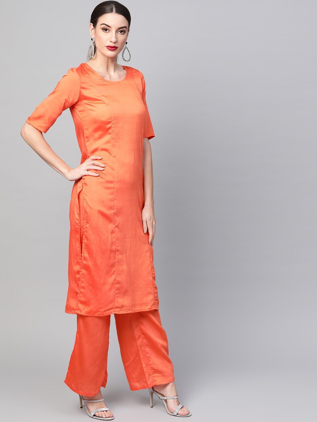 Women's  Orange Solid Straight Kurta with Palazzos & Dupatta