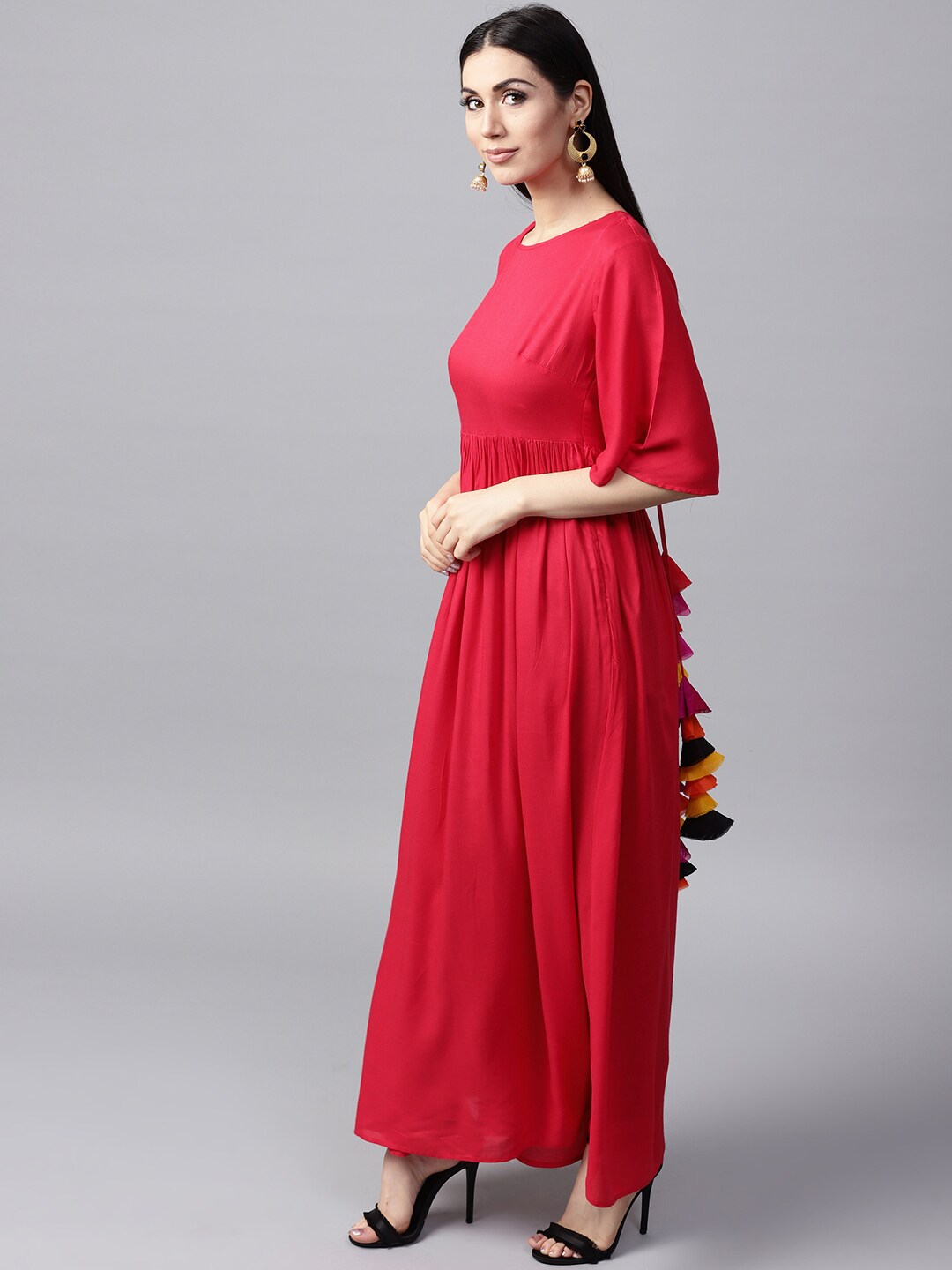 Women's Red Flared Pleated Anarkali