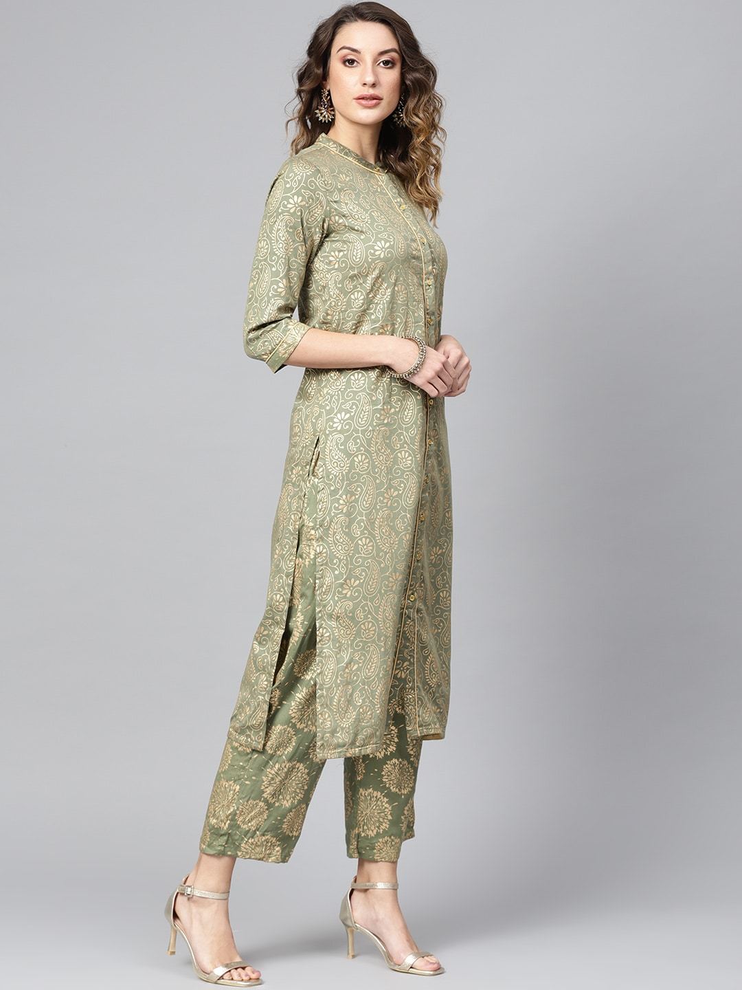 Women's  Olive Green & Golden Block Print Kurta with Palazzos