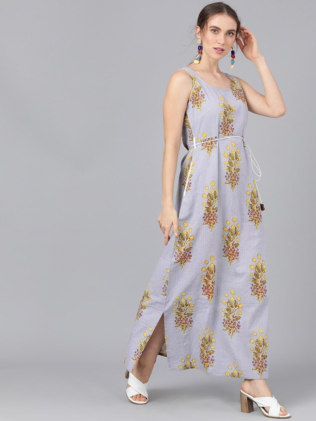 Women's  Grey Printed Kantha Work Maxi Dress