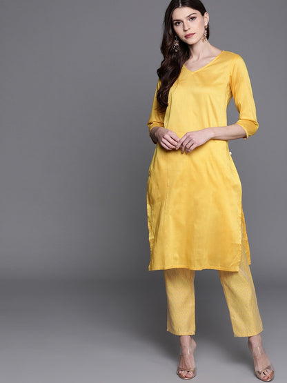 Women's  Mustard Yellow & Golden Solid Kurta with Trousers