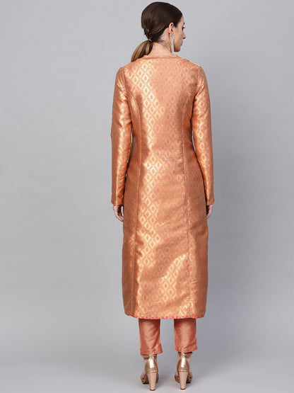 Women's  Pink & Golden Self Design Reversible Longline Open Front Jacket