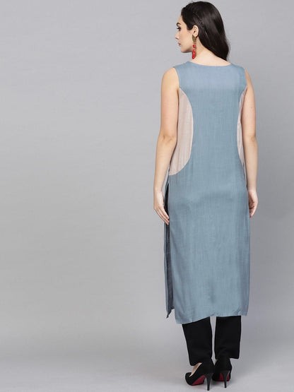 Women's  Blue & Grey Applique Detail Straight Kurta