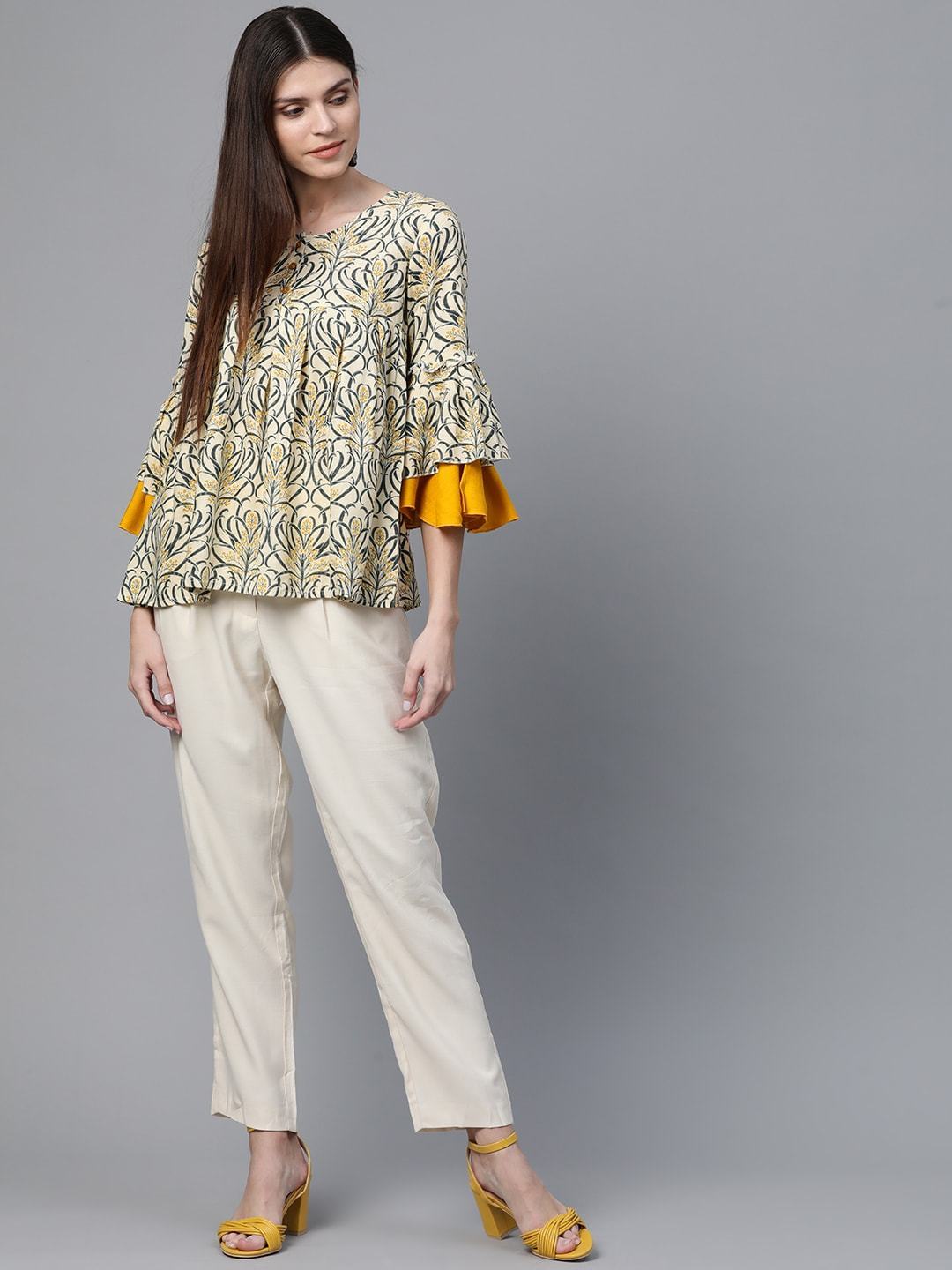 Women's Beige & Mustard Yellow Printed Tunic