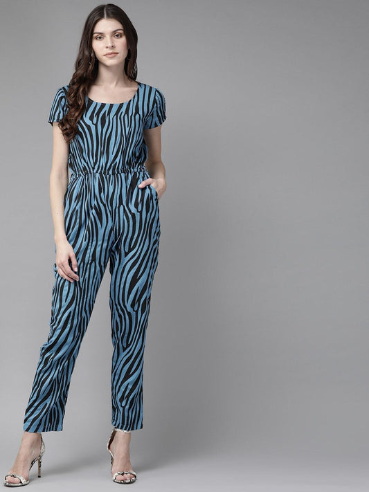 Women's  Blue & Black Animal Print Basic Jumpsuit