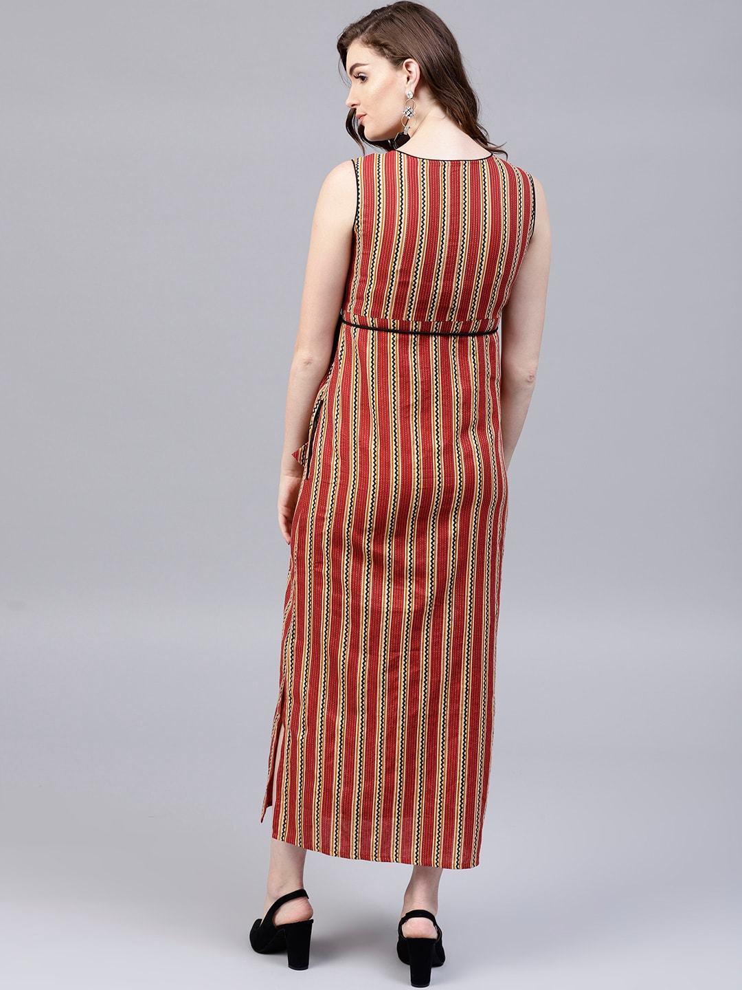 Women's  Rust Red & Beige Striped Empire Dress
