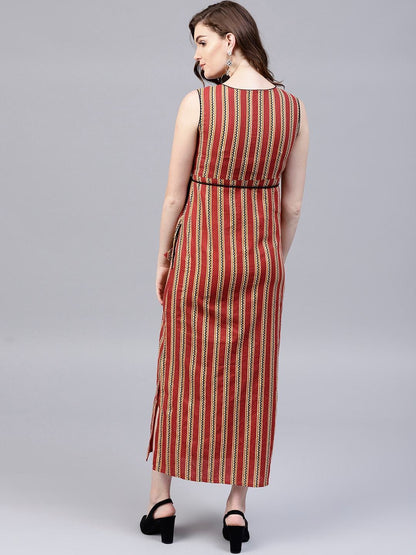 Women's  Rust Red & Beige Striped Empire Dress
