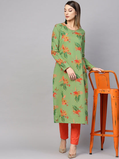 Women's  Green & Orange Floral Print Straight Kurta