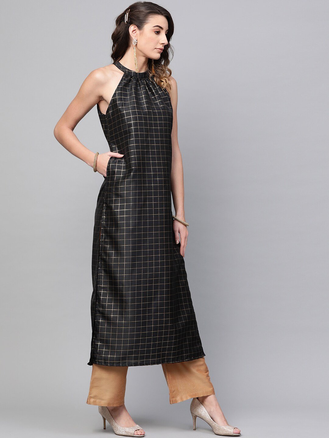 Women's  Black & Golden Checked Straight Kurta