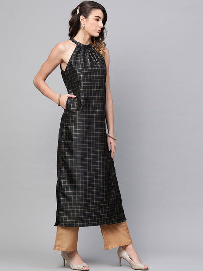Women's  Black & Golden Checked Straight Kurta