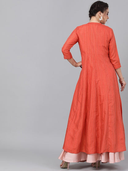 Couture Women's  Orange Self Design Open Front Longline Shrug