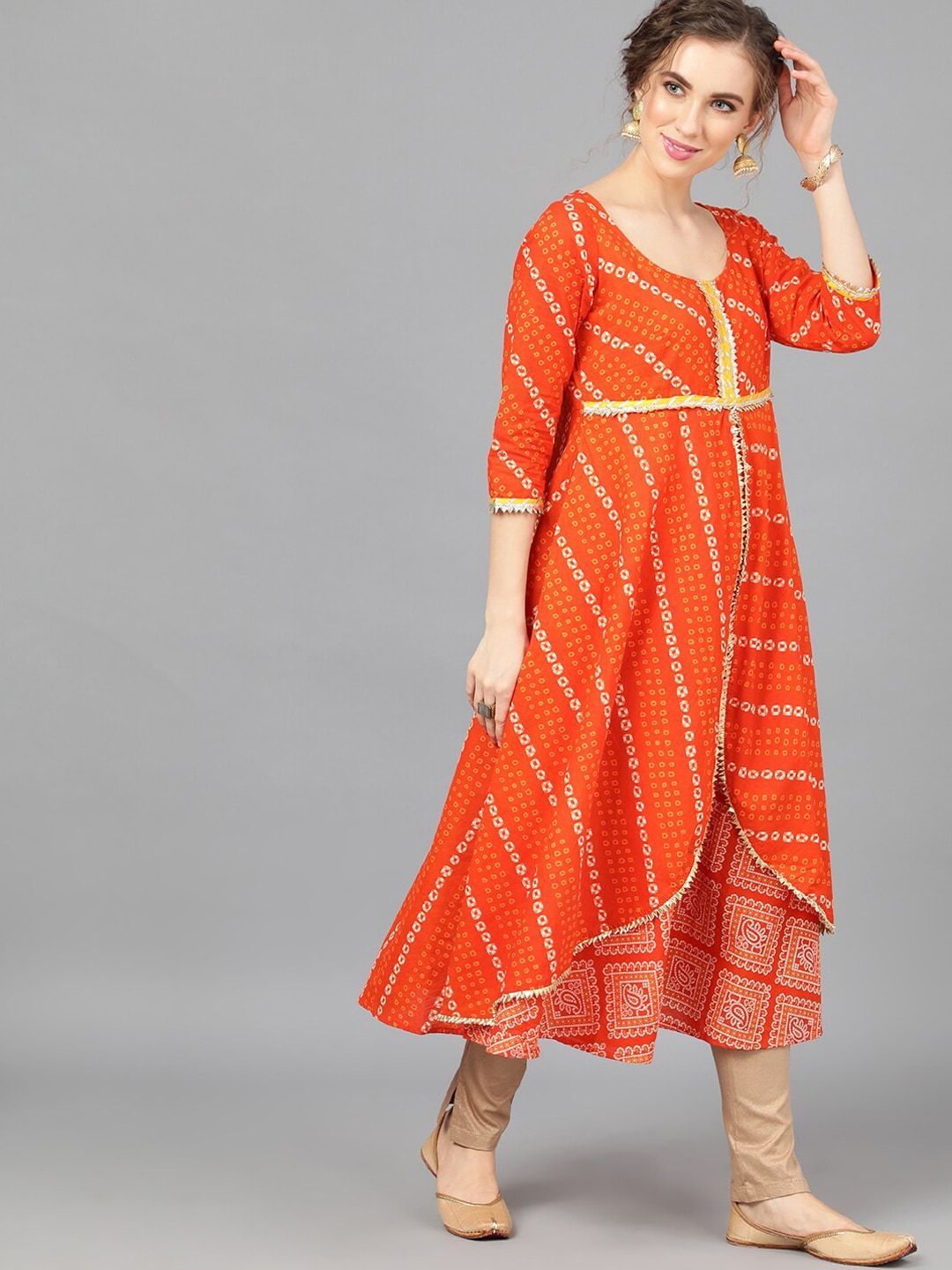 Women's  Orange & White Bandhani Printed A-Line Kurta