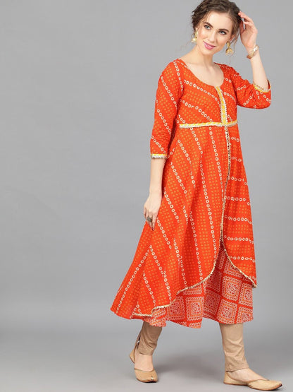 Women's  Orange & White Bandhani Printed A-Line Kurta