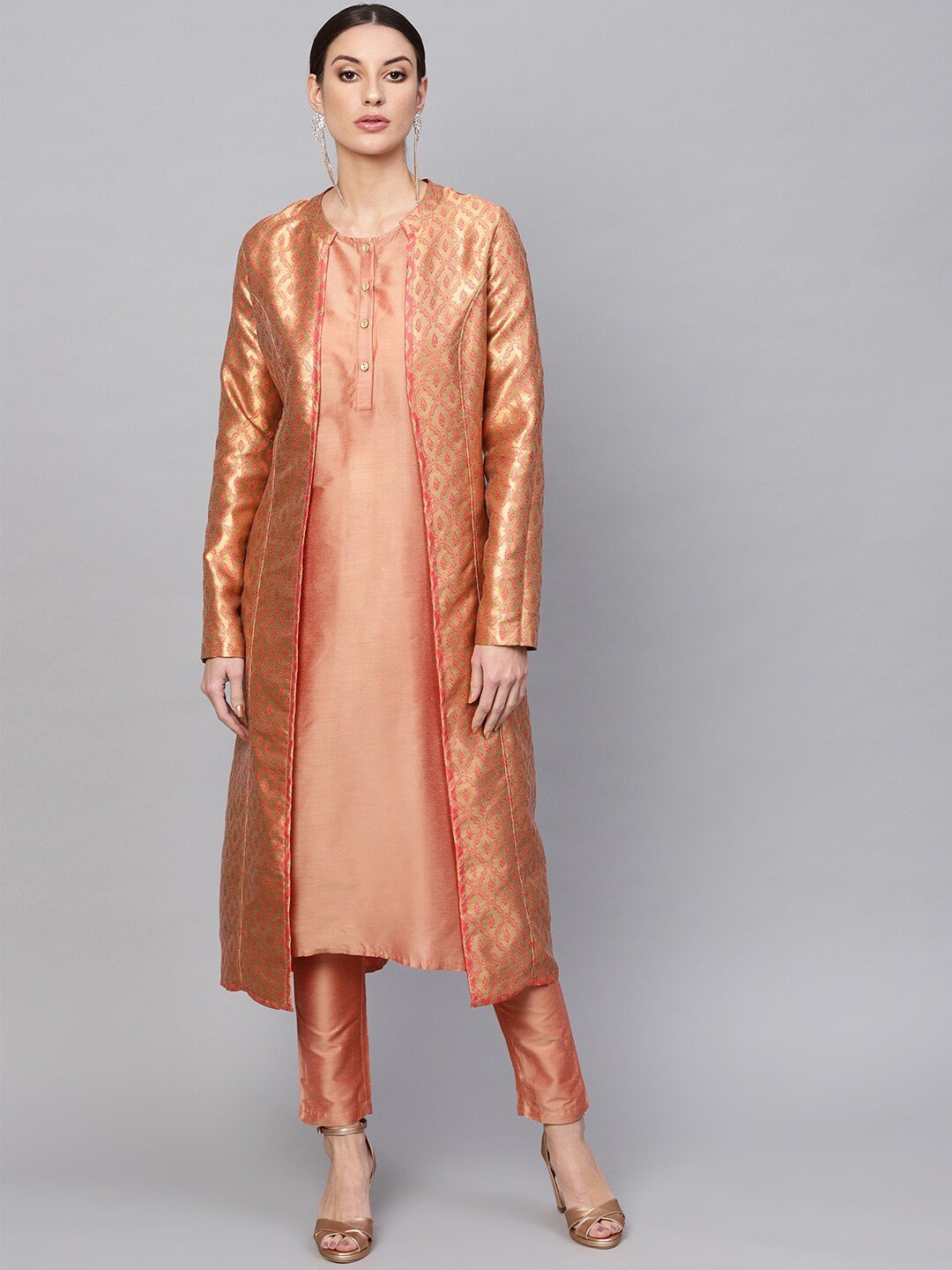 Women's  Pink & Golden Self Design Reversible Longline Open Front Jacket