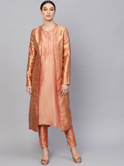 Women's  Pink & Golden Self Design Reversible Longline Open Front Jacket