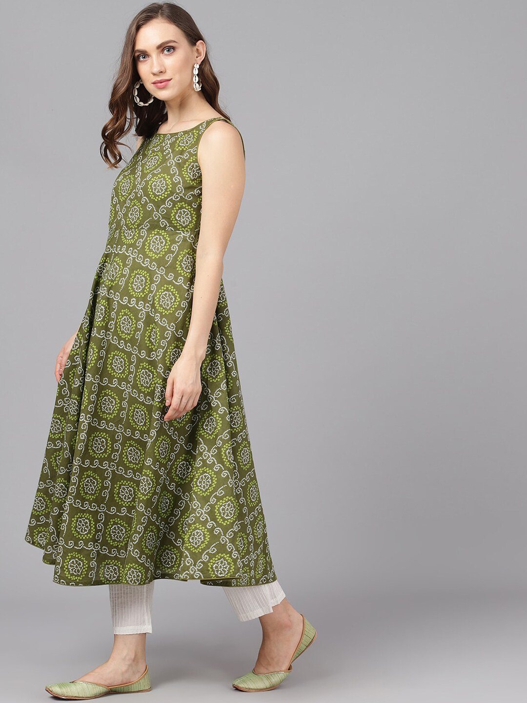 Women's  Olive Green & White Printed Anarkali Kurta
