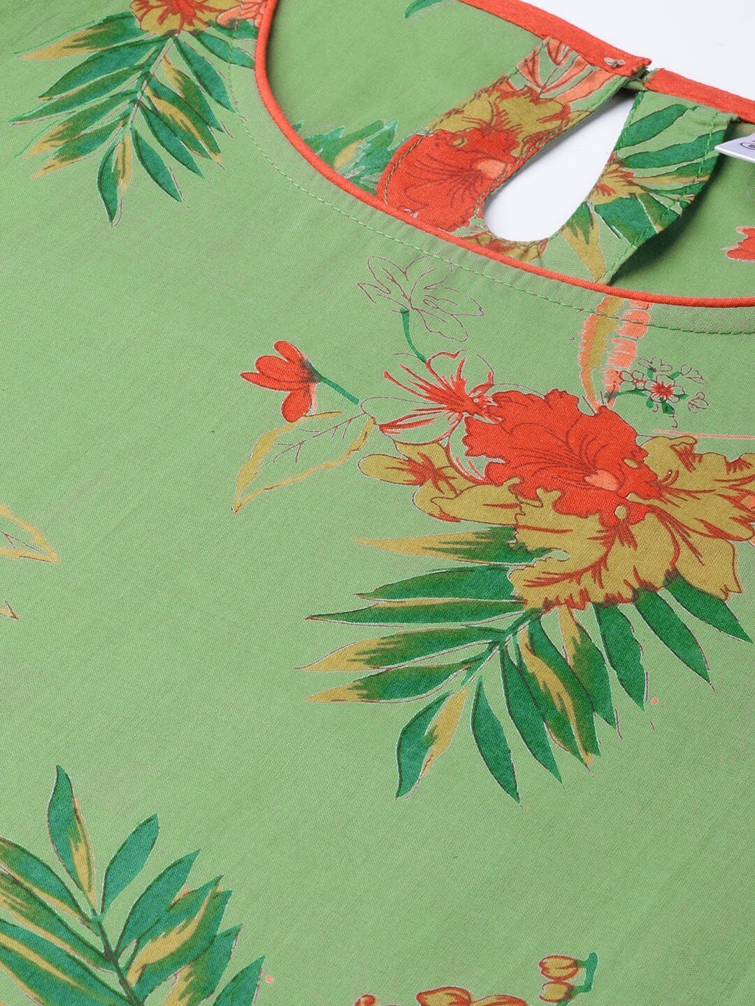 Women's  Green & Orange Floral Print Straight Kurta